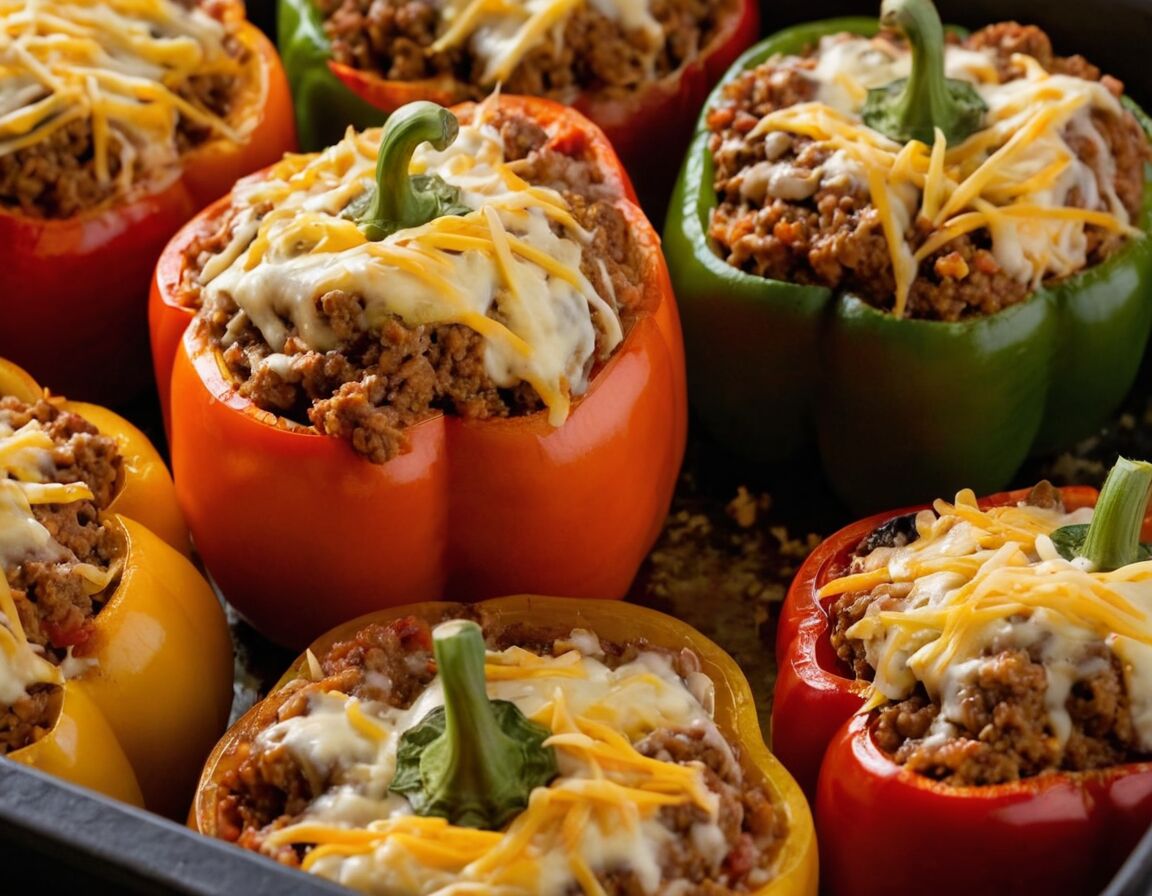 Mit Käse bestreuen, dann ca 30 Minuten backen - Rezept für gefüllte Paprika mit Hackfleisch im Backofen: Ein einfaches und leckeres Gericht