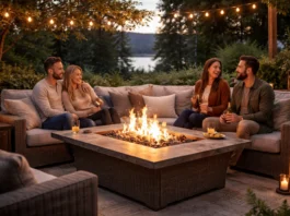 Entspanntes Leben im Freien mit einer Feuertisch-Lounge-Erfahrung Feuertisch-Lounge-Entspannung