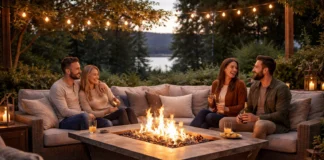 Entspanntes Leben im Freien mit einer Feuertisch-Lounge-Erfahrung Feuertisch-Lounge-Entspannung