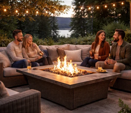 Entspanntes Leben im Freien mit einer Feuertisch-Lounge-Erfahrung Feuertisch-Lounge-Entspannung