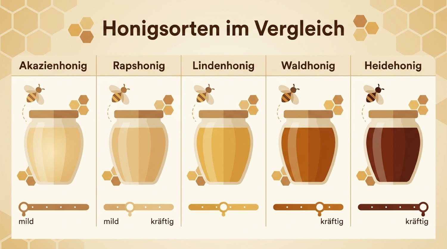 Infografik mit deutschen Beschriftungen: fünf deutsche Honigsorten im Vergleich nach Farbe von hell zu dunkel, mit passenden Symbolen für Geschmack von mild bis kräftig und Angabe der Kristallisationsgeschwindigkeit