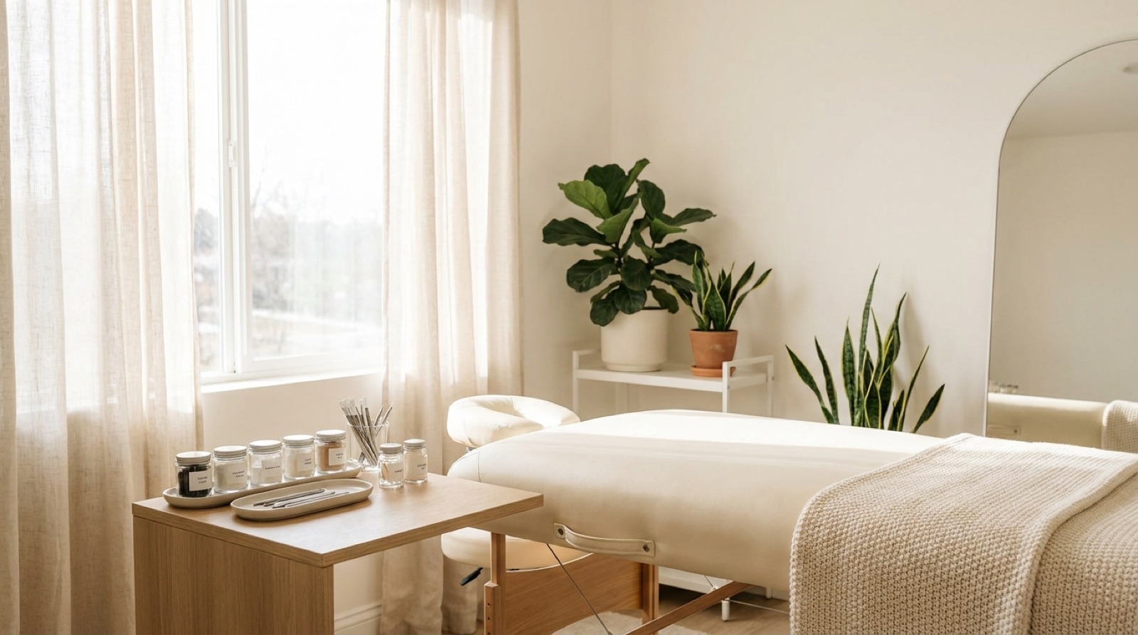 Heller, ruhiger Arbeitsplatz in einem Beauty-Studio als Symbol für einen entspannteren Neustart bei Stress im Job