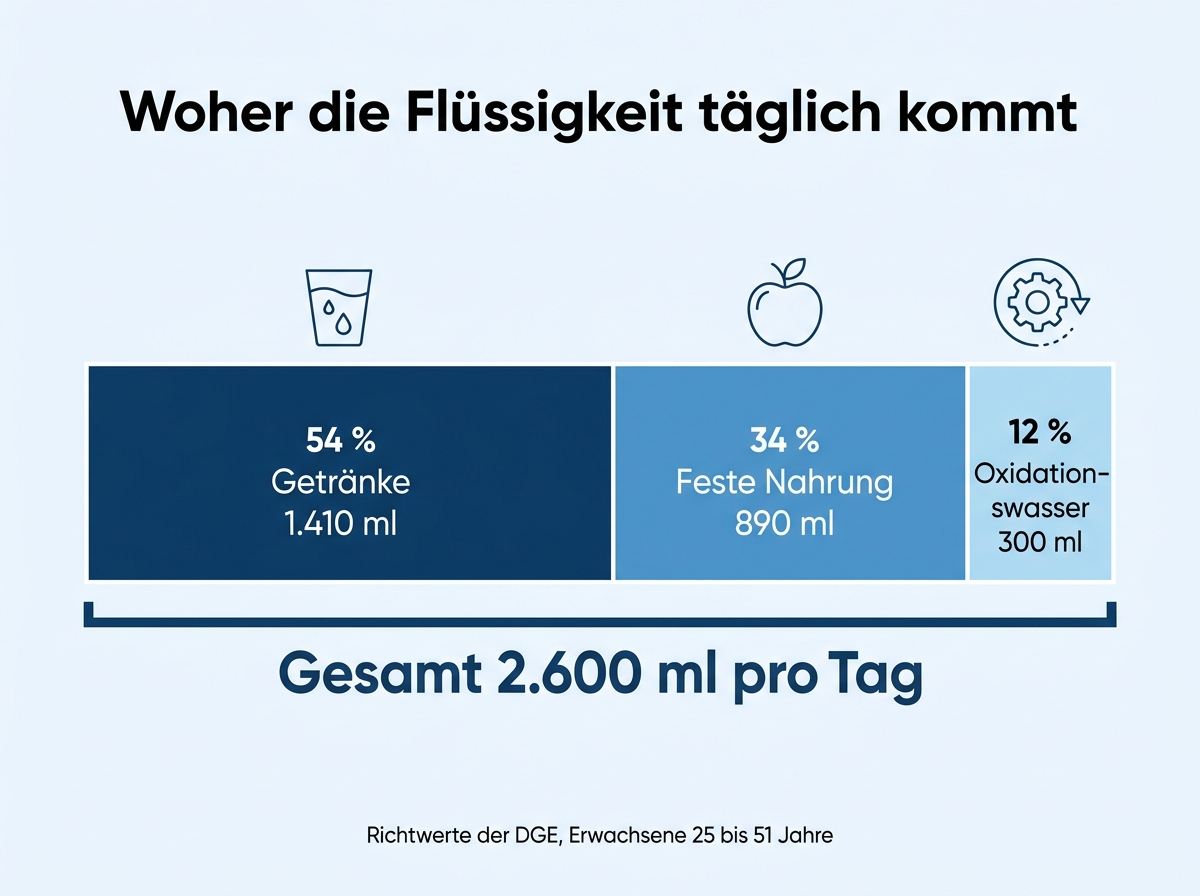 Infografik zur täglichen Wasserzufuhr: 1.410 ml über Getränke, 890 ml aus fester Nahrung, 300 ml Oxidationswasser