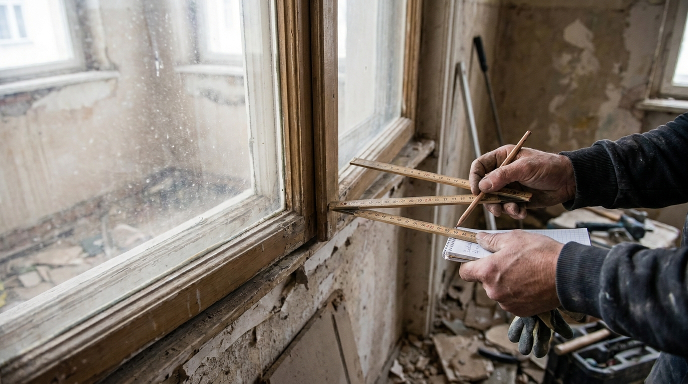 Hände messen einen Fensterrahmen mit dem Zollstock exakt aus