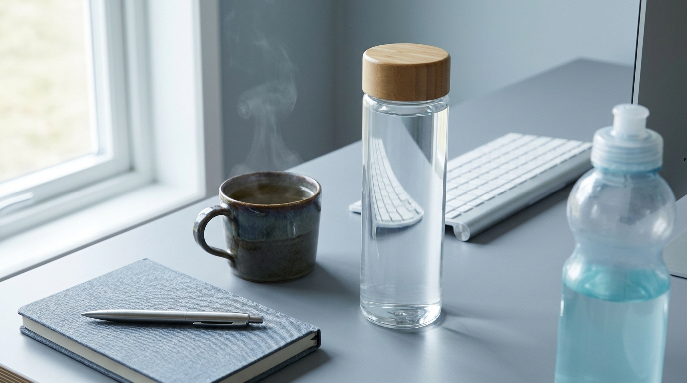 Wasserflasche, Teetasse und Sportgetränk nebeneinander auf einem Bürotisch